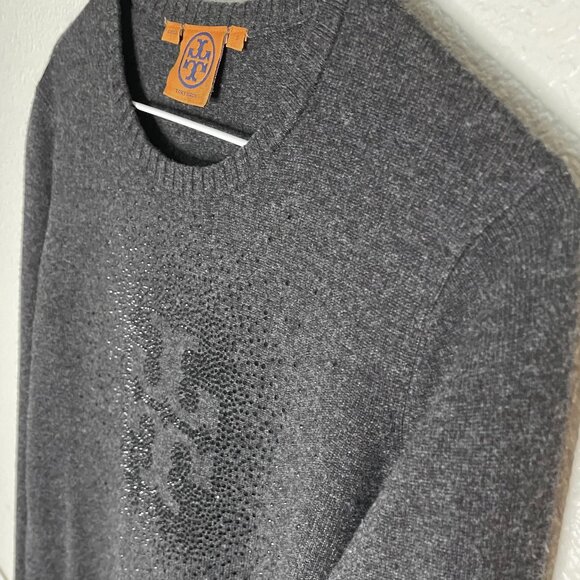 Tory Burch | Sparkle Logo Crewneck Wool Cashmere Blend Grey Sweater - Picture 3 of 6